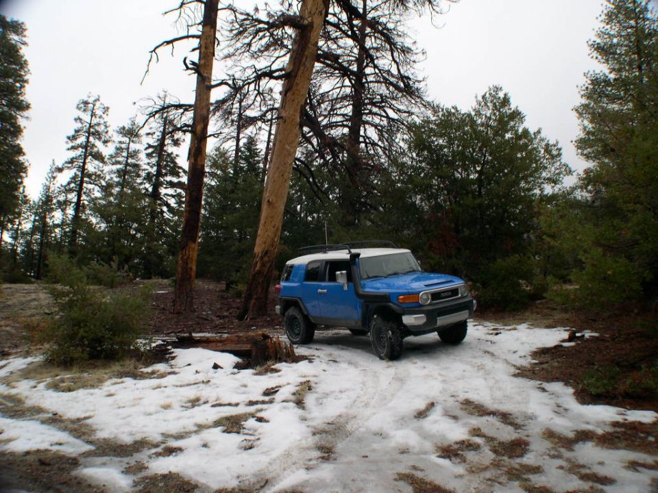 Blue 2007 Toyota FJ Cruiser parked on a snowy dirt road with trees and snow on the ground