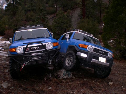 2007 Toyota FJ Cruiser - Two blue Toyota FJ Cruisers navigate a challenging off-road trail in a wooded area.