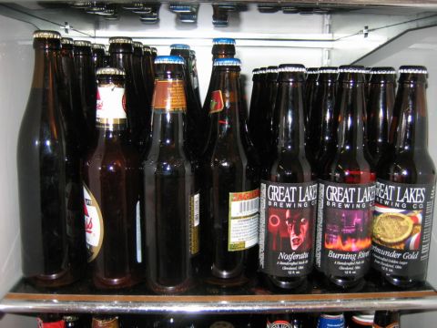 1985 Ford LTD Crown Victoria - A collection of beer bottles, some from Great Lakes Brewing Co., are stored on a shelf in a refrigerator.