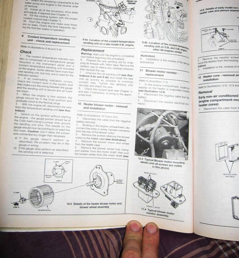 Repair manual pages on coolant temperature sender, heater blower motor and blower resistor replacement