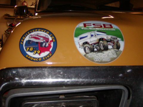 1978 Ford Bronco - Stickers on a vehicle hood indicate it is associated with the 1977-1979 Ford Bronco Club.