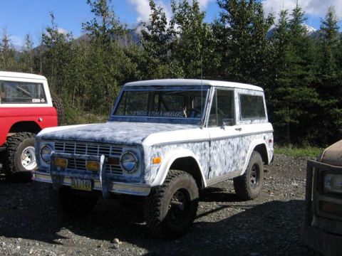 1978 Ford Bronco - A 1978 Ford Bronco with a unique camouflage paint job sits parked outdoors next to another vehicle.