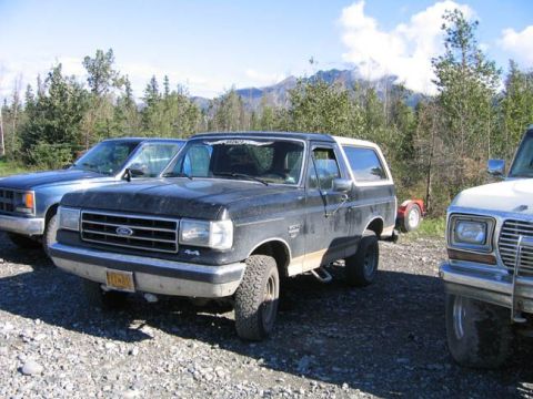 1978 Ford Bronco - A dark Ford Bronco with a white top is parked next to other vehicles. The license plate reads ET-335.