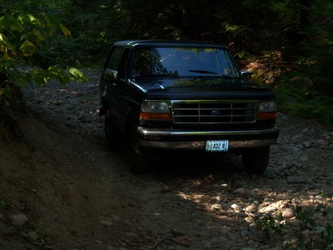 1995 Ford Bronco - This 1995 Ford Bronco is navigating a challenging off-road path through a forest.