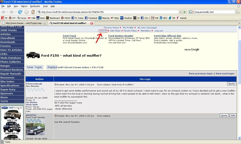 Screenshot of a Ford F150 forum thread about mufflers