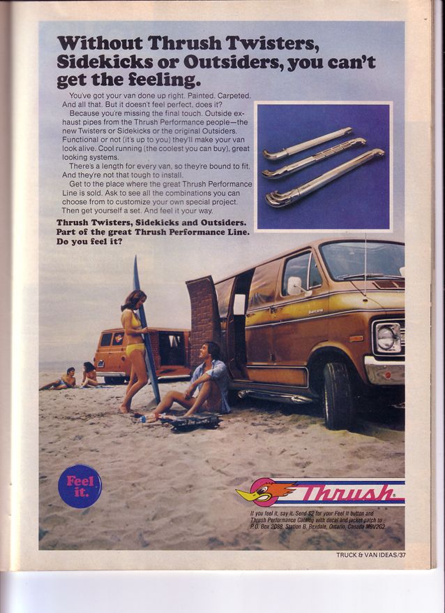 Thrush Performance Line ad for Twisters, Sidekicks and Outsiders side pipes with custom vans on a beach