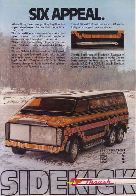 Thrush Sidekick exhaust ad "Six Appeal" with Dizzy Dean's flame-painted six-wheel custom van in snow