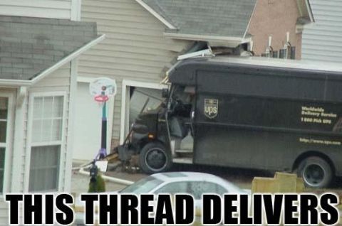 1986 Ford Bronco - A UPS delivery truck has crashed into the side of a house, with a white car visible in front.