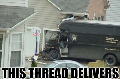 UPS truck crashed into a house, with a white car in the foreground