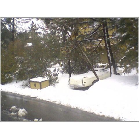 1972 Ford Ranchero - A white sedan is covered in snow, with trees and a yellow chest nearby.