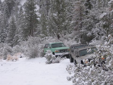 1996 Ford Bronco - Two SUVs navigate a snowy, wooded trail.