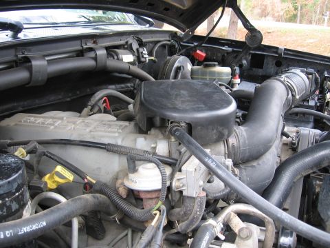 1967 Ford Mustang - Close-up view of a vehicle's engine bay, showing various hoses, the air intake system, and engine components.