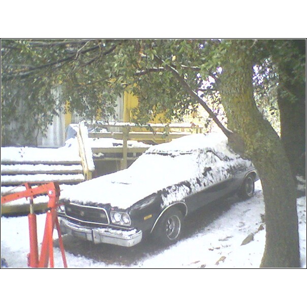 Black car covered in snow, parked next to a tree and wooden stairs
