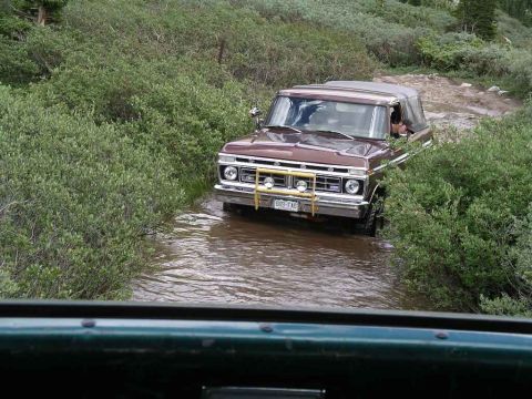1979 Ford Bronco - This brown SUV, likely a 1975 Ford Bronco, navigates a water crossing surrounded by dense foliage.