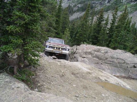 1979 Ford Bronco - Ford F-Series truck tackling a challenging off-road path in a mountainous forest.