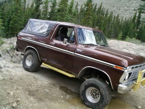 1979 Ford Bronco - A brown 1978 Ford Bronco with a black soft top is parked on a dirt road with trees in the background.