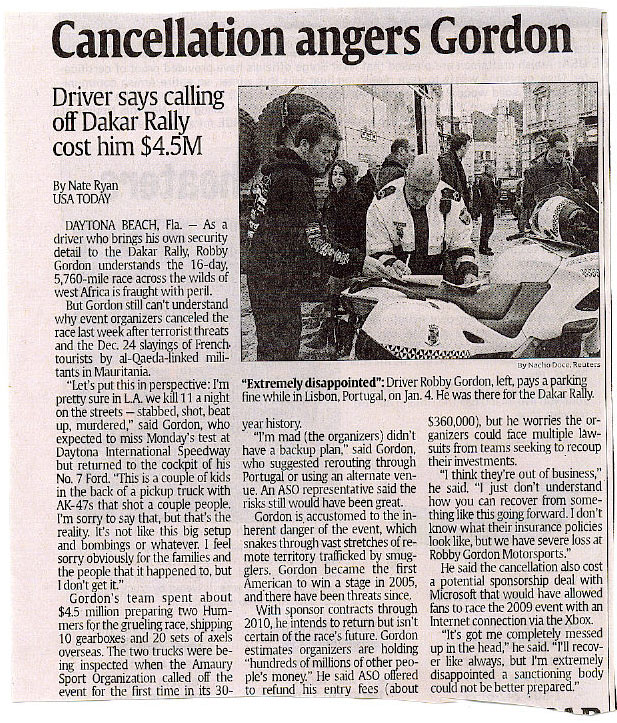 USA Today newspaper article headlined 'Cancellation angers Gordon' about Robby Gordon and the Dakar Rally