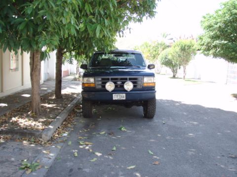 1995 Ford F-150 - This 1995 Ford F-150 is seen from the front, two round fog lights mounted on its grille.