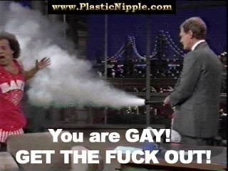 1989 Ford Bronco - A man in a red outfit sprays smoke at another man on a television set.