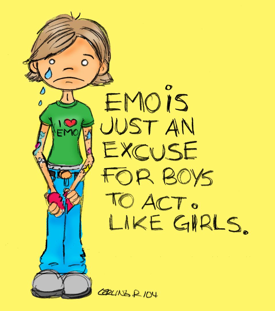 Cartoon drawing of a crying person wearing an 'I love EMO' shirt and blue jeans