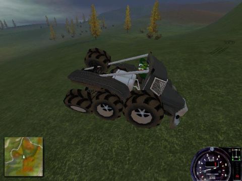1988 Ford Bronco - A digital rendering of a six-wheeled off-road vehicle navigates a simulated outdoor environment.