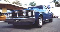 1970 Ford Falcon - Front view of a blue 1970 Ford Falcon sedan with a chrome grille and license plate KVN-971.