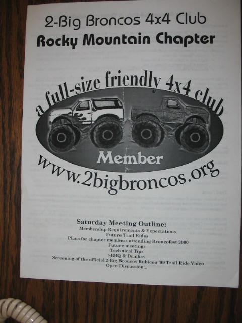 1995 Ford Bronco - This document is a flyer for a Bronco enthusiast club, graphics of modified trucks and event information.