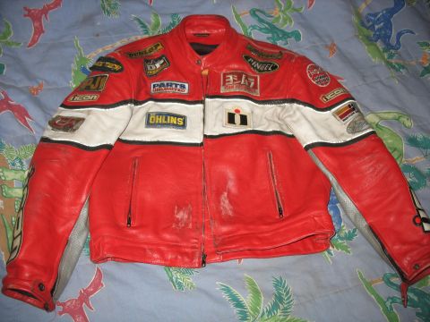 2005 Yamaha R1 - This red and white leather motorcycle jacket features various sponsor patches, including Yoshimura and Ohlins.
