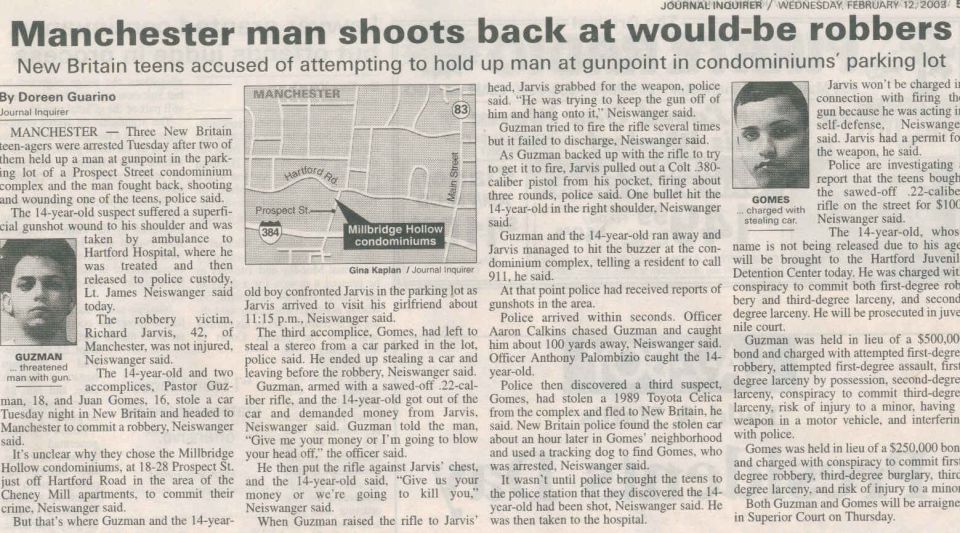 Newspaper article about a robbery and shooting, with photos of suspects and a map