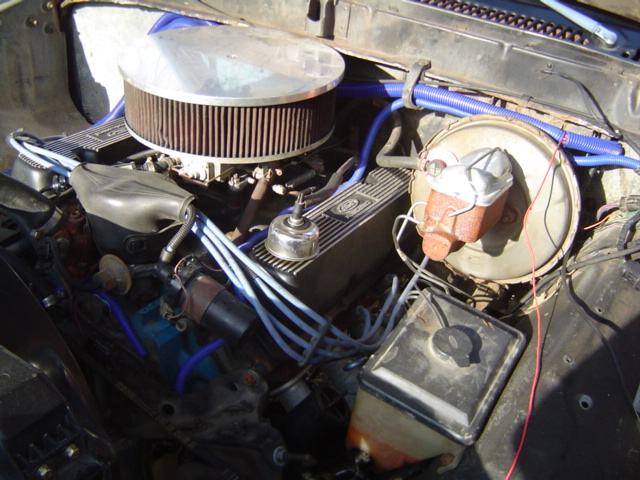 Engine bay with aftermarket air filter and blue hoses