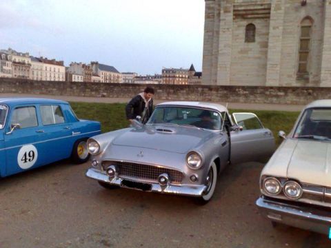 1991 Ford Crown Victoria - A silver 1955 Ford Thunderbird is parked with its door open, alongside other vintage vehicles in a scenic outdoor setting.