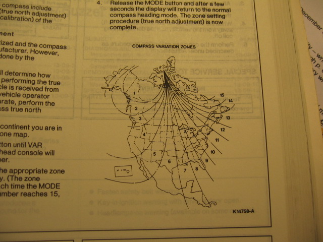 Service manual page with compass variation zones map of North America
