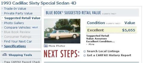 2001 Ford Crown Victoria - A 1993 Cadillac Sixty Special Sedan is shown from the side in a parking lot.