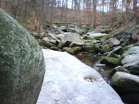 1996 Ford Bronco - A rocky stream flows through a wooded area with large boulders and trees.