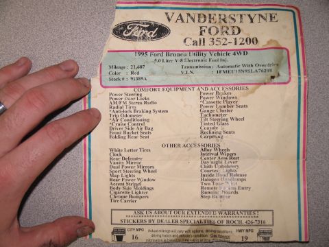 1995 Ford Bronco - Dealership sticker lists features and accessories for a 1995 Ford Bronco.