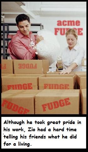 1998 Ford Crown Victoria - Two people are packing boxes labeled "FUDGE" in what appears to be a warehouse or shipping area, with a sign for "acme FUDGE" in the backgr…