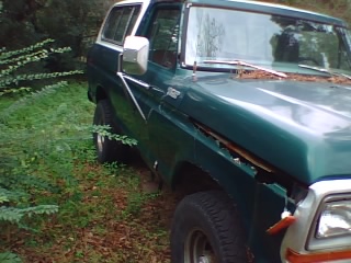 1979 Ford Bronco - This green SUV is parked outdoors, showing some wear and tear on the front.