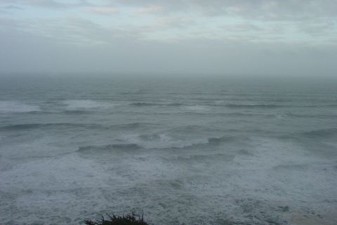 1993 Ford Bronco - The vast ocean stretches out under a cloudy sky, with waves crashing on the shore.