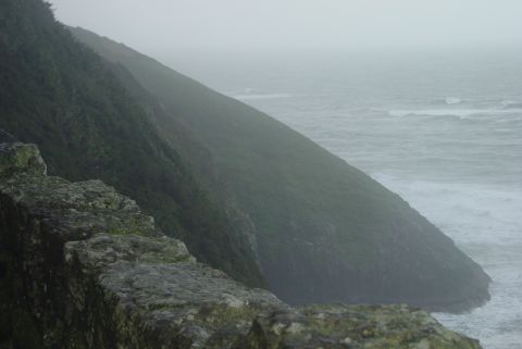 1993 Ford Bronco - A misty coastal scene with waves crashing against a rocky shore.