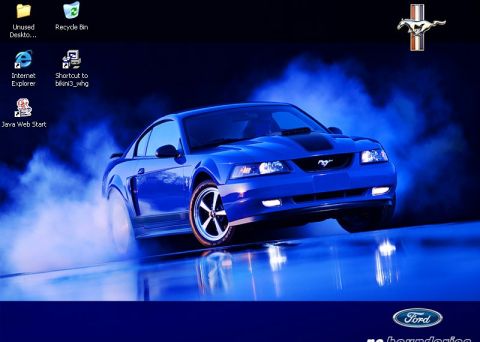 1996 Ford Crown Victoria - A blue Ford Mustang is shown doing a burnout, kicking up smoke.