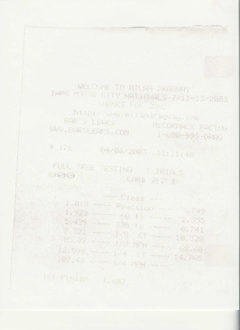 1996 Ford Crown Victoria - This document is a time slip from Milan Dragway, showing race results and sponsor details.