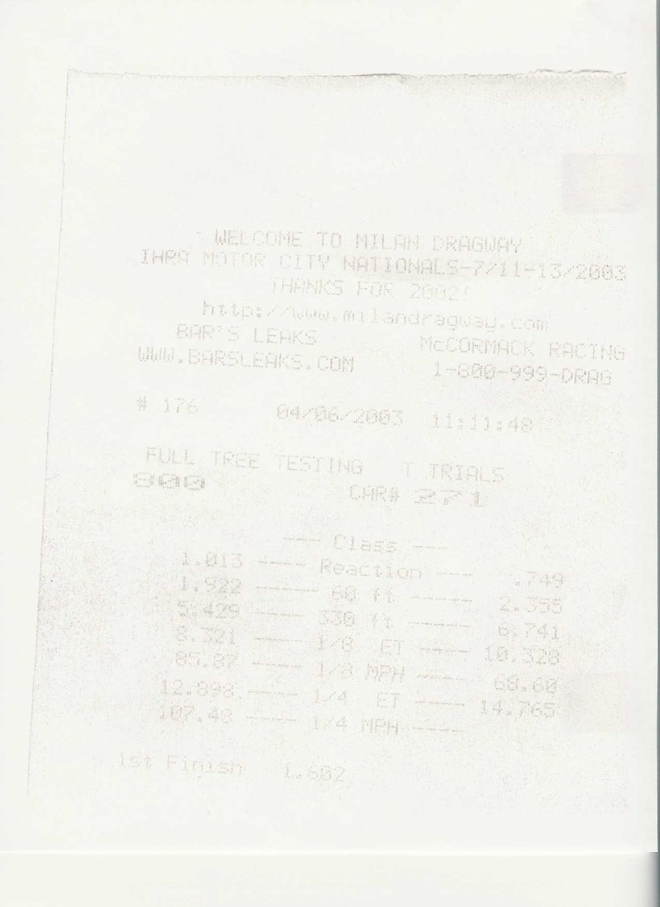 Drag strip time slip document with race data and sponsor information