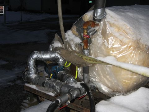 1980 Ford Bronco - The plumbing. Pump output flows through an in-line heater (6500W @ 220V) then into the drum through a Rilla Biofuels' 2-Pipe Drum Port thro…