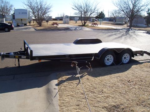 2004 Aston Martin Virage - A car trailer is parked in a lot with a dog nearby. Other vehicles and trailers are visible in the background.
