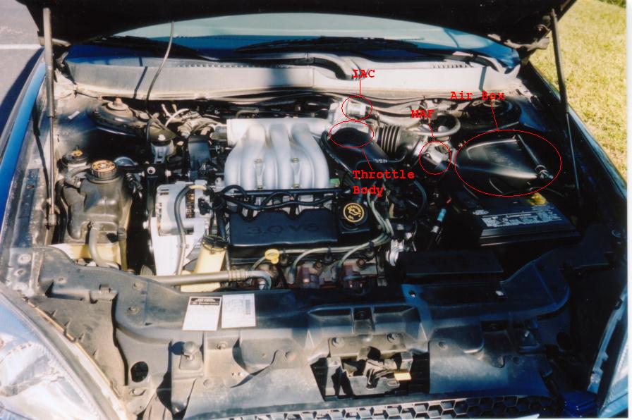 Engine bay of blue Ford Taurus 3.0 V6 with red labels for IAC, throttle body, MAF, and air box