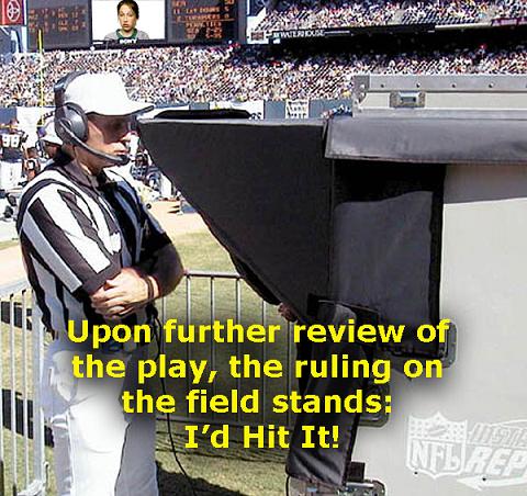 1992 Ford Mustang - A referee stands near a replay booth during a football game, with a humorous text overlay.