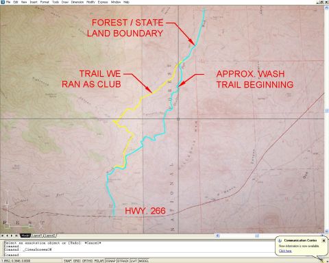 1981 Ford F-150 - A map displays trails and boundaries, with annotations indicating a forest/state land boundary and a wash trail beginning.