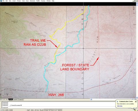 1981 Ford F-150 - Topographic map with trails marked, including one labeled 'TRAIL WE RAN AS CLUB'.