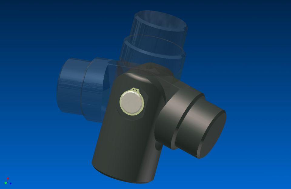 3D CAD render of a cylindrical mechanical part with branch fittings on blue background