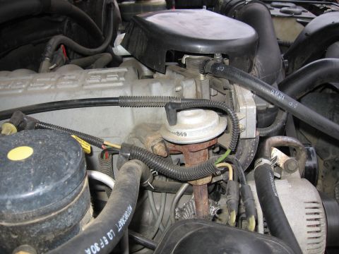 1967 Ford Mustang - Close-up of an engine bay, focusing on the distributor and associated wiring and hoses.